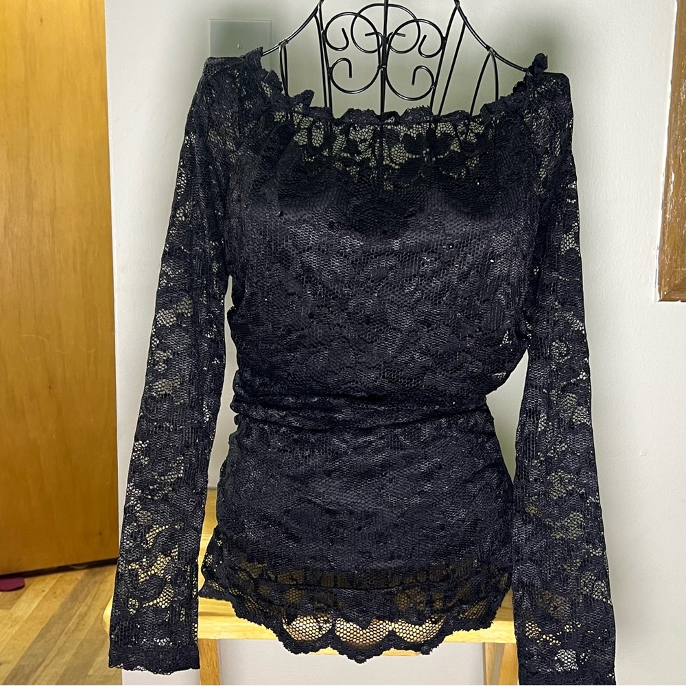 Colleen Lopez Black Lace‎ Blouse long sleeve off shoulders embellished size M